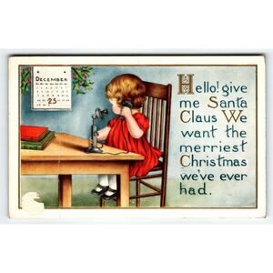 Christmas Postcard Whitney Girl Calls Santa Holds A Telephone Receiver To Ear